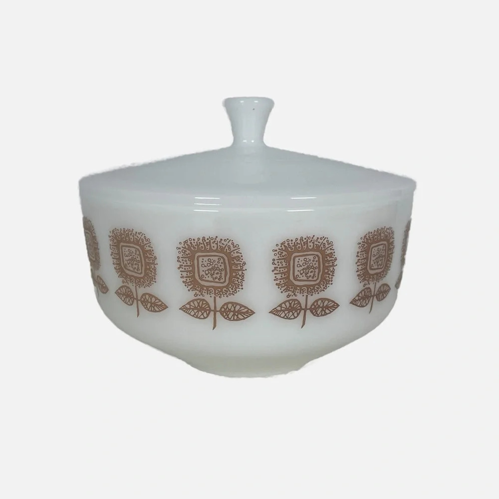 Vintage Federal Glass Connoisseur‎ Bakeware Dish with Lid Sun Flowers 2.5 Quart